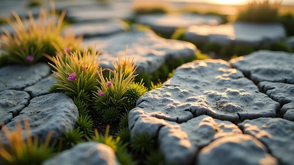 Close-up of limestone pavement texture showing natural fissures and patterns with wildflowers growing in cracks