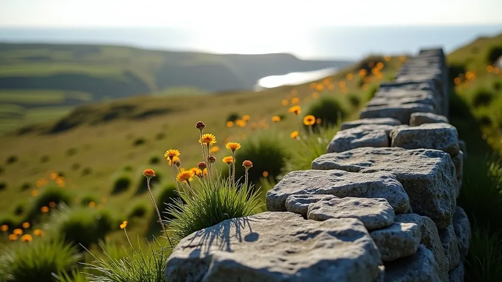 Dry stone wall running through Burren limestone landscape with distant coastal views and sparse vegetation