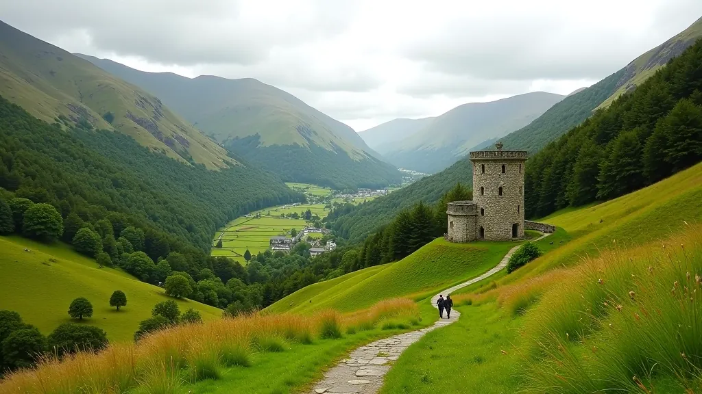 Valley path with ancient monastic buildings nestled among green hills and wooded areas at Glendalough