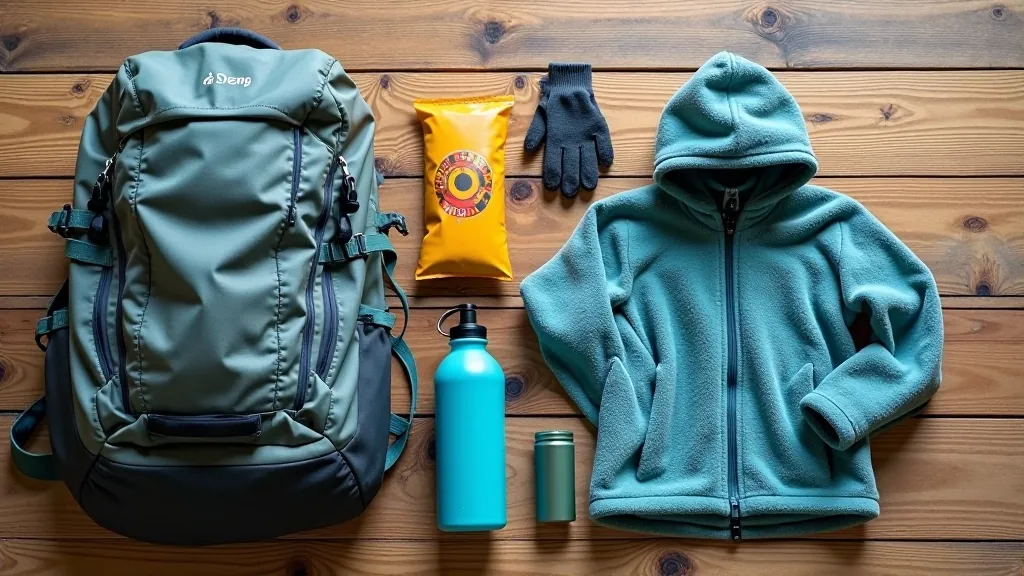 Carefully packed hiking backpack with water bottle, snacks, and light layers on a wooden surface