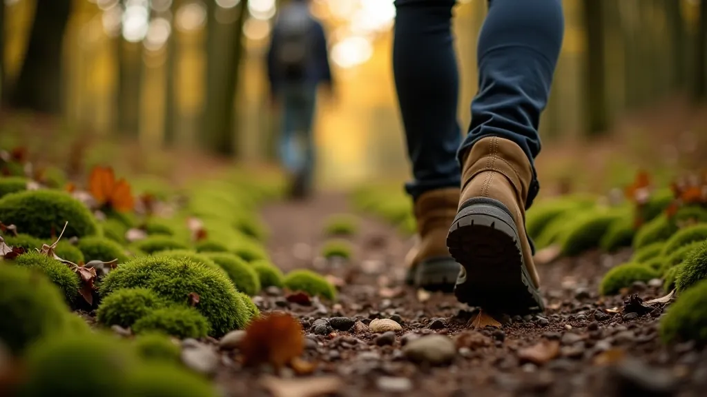 Hiking boots on well-maintained forest trail with moss and autumn leaves, ready for a comfortable walk