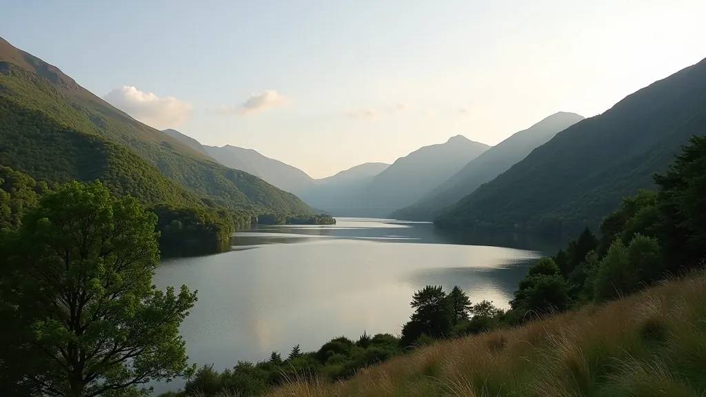 Scenic view of Muckross Lake surrounded by mountains and green forest in Killarney National Park