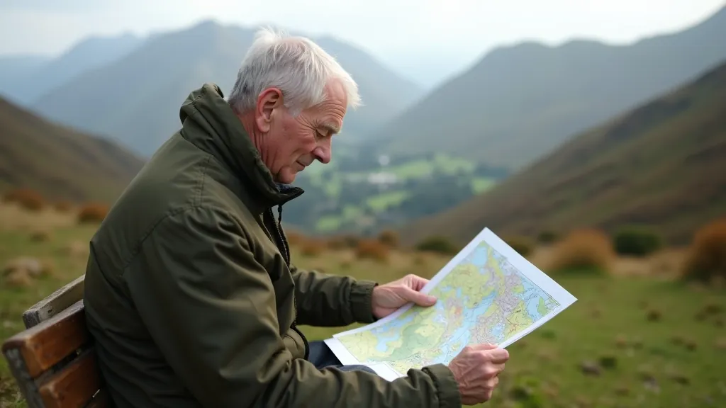 Hiker checking a topographic map on a wooden bench with mountain scenery visible, natural outdoor lighting