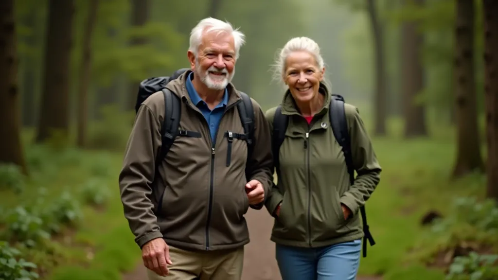 Experienced senior couple on a forest trail wearing hiking gear and comfortable walking clothes