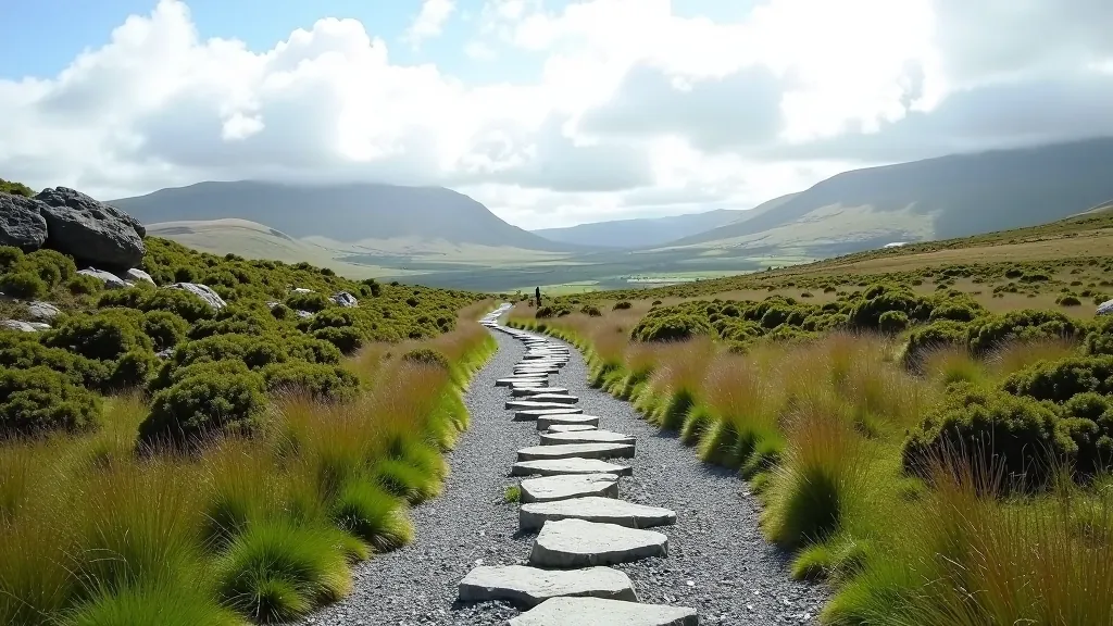 Stone pathway through the Burren limestone landscape with sparse vegetation and rolling terrain
